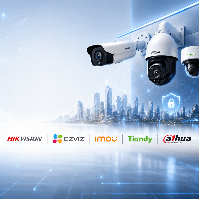 Hikvision, Dahua and Tiandy CCTV cameras above a city skyline, with the Hikvision, EZVIZ, Imou, Tiandy and Dahua brand logos